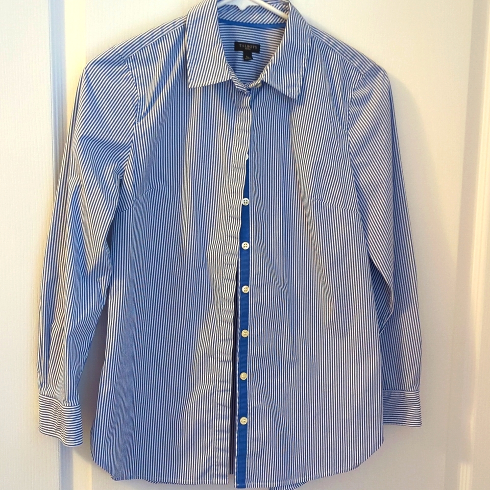Talbot's Navy Pin Stripe LS Blouse Sz S Petite